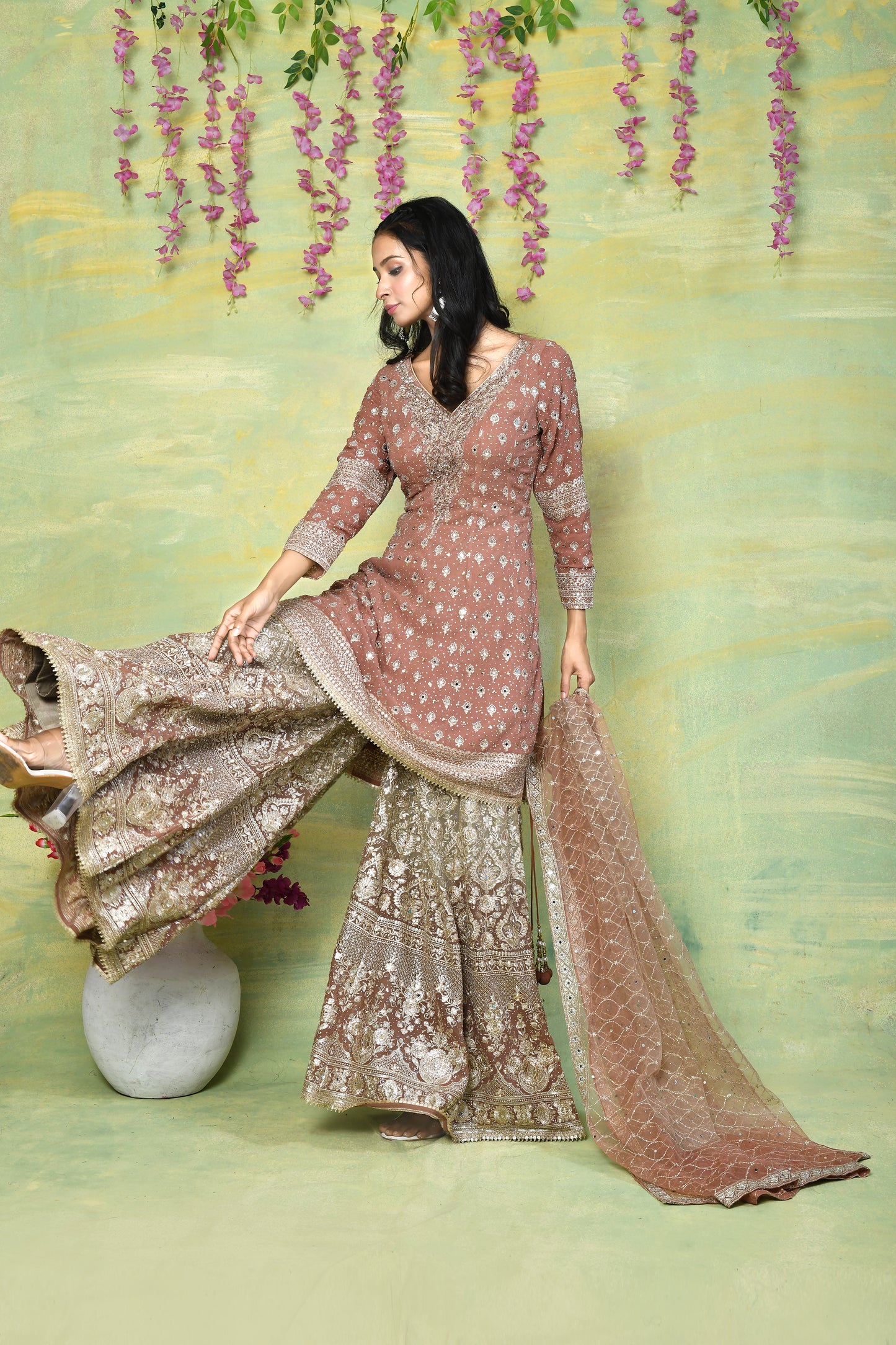 Asma: Dusty Peach Sharara Set